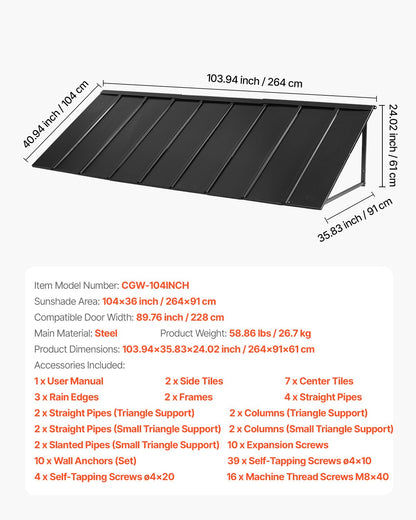 Fixed Metal Awning 104 x 36 in, Window Awning Door Canopy, Stable Triangle Steel Frame Awnings for Doors Exterior Rain, Snow & Sunlight Protection for Door Entrance, Windows, Porches, Balconies