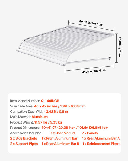 Aluminum Awning 40 x 42 in, Durable Window Awning Door Canopy, Lightweight and Stable Aluminum Exterior Awnings Rain Snow Sunlight Protection for Door Entrance Windows Patio Porch