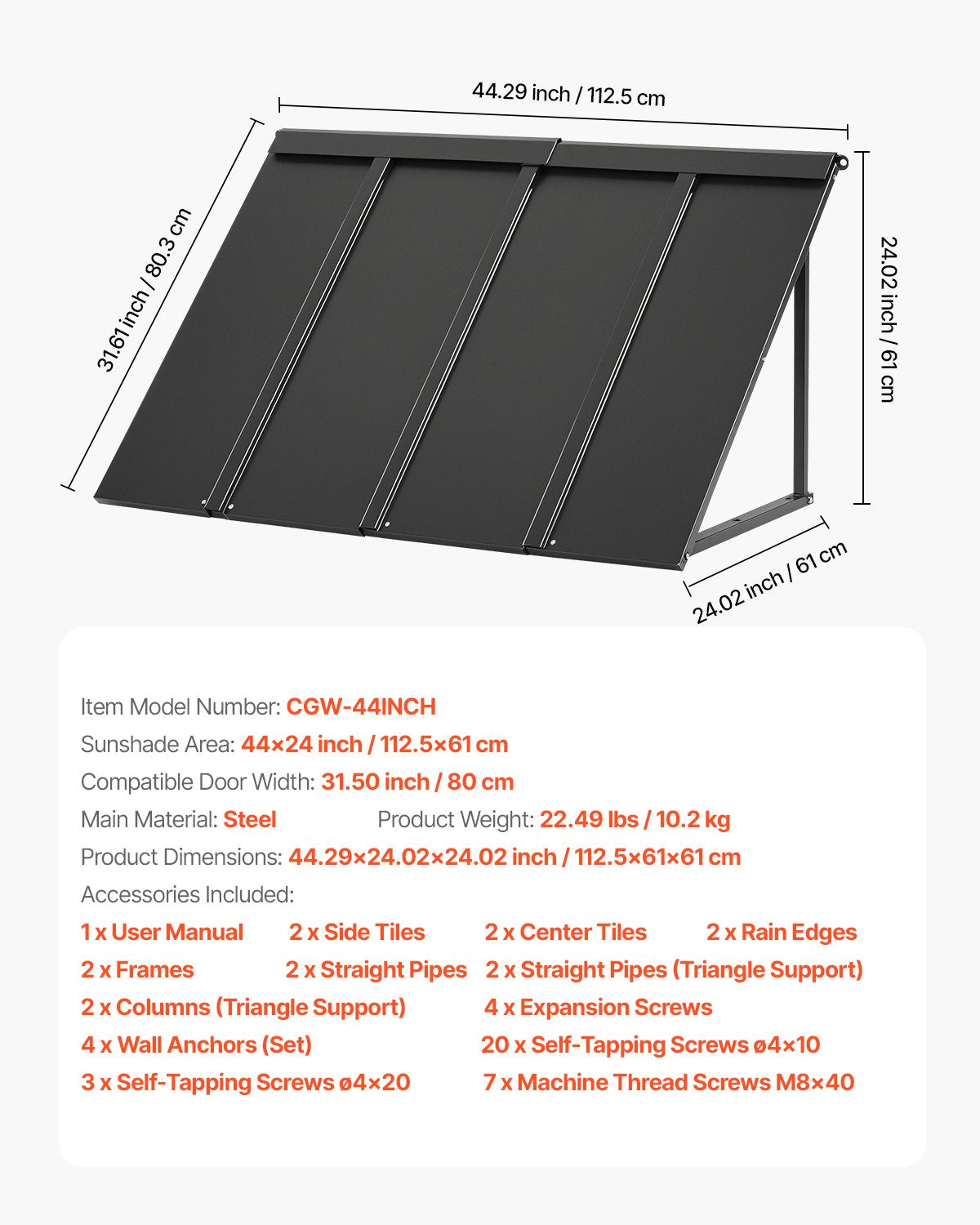Fixed Metal Awning 44 x 24 in, Window Awning Door Canopy, Stable Triangle Steel Frame Awnings for Doors Exterior Rain, and Snow Sunlight Protection for Door Entrance, Windows, Porches, Balconies
