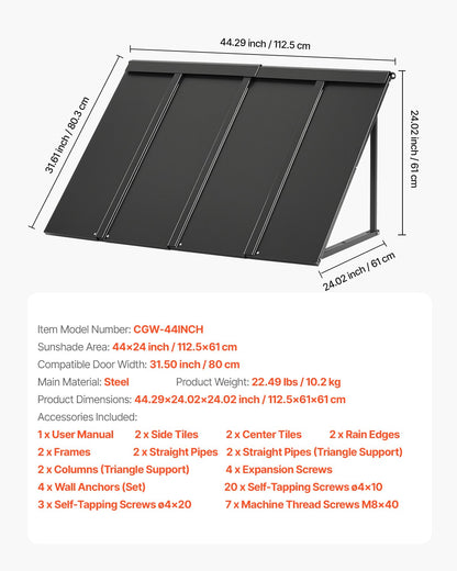 Fixed Metal Awning 44 x 24 in, Window Awning Door Canopy, Stable Triangle Steel Frame Awnings for Doors Exterior Rain, and Snow Sunlight Protection for Door Entrance, Windows, Porches, Balconies