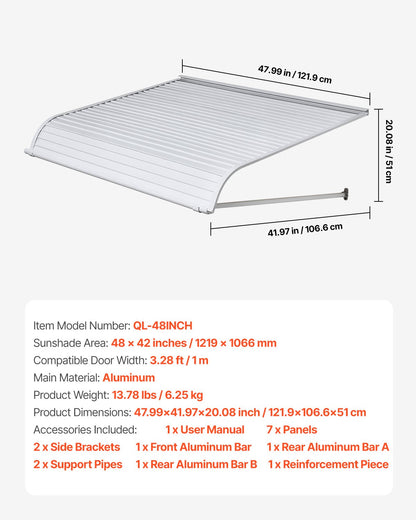 Aluminum Awning 48 x 42 in, Durable Window Awning Door Canopy, Lightweight and Stable Aluminum Exterior Awnings Rain Snow Sunlight Protection for Door Entrance Windows Patio Porch