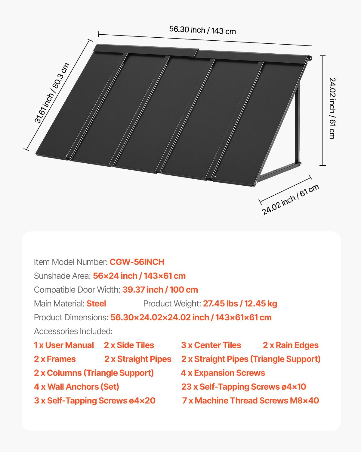 Fixed Metal Awning 56 x 24 in, Window Awning Door Canopy, Stable Triangle Steel Frame Awnings for Doors Exterior Rain, and Snow Sunlight Protection for Door Entrance, Windows, Porches, Balconies