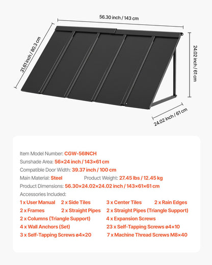 Fixed Metal Awning 56 x 24 in, Window Awning Door Canopy, Stable Triangle Steel Frame Awnings for Doors Exterior Rain, and Snow Sunlight Protection for Door Entrance, Windows, Porches, Balconies