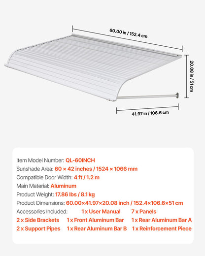 Aluminum Awning 60 x 42 in, Durable Window Awning Door Canopy, Lightweight and Stable Aluminum Awnings for Doors Exterior Rain Snow Sunlight Protection for Door Entrance Windows Patio Porch