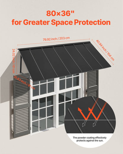 Fixed Metal Awning 80 x 36 in, Window Awning Door Canopy, Stable Triangle Steel Frame Exterior Awnings Rain, and Snow Sunlight Protection for Door Entrance, Windows, Porches, Balconies
