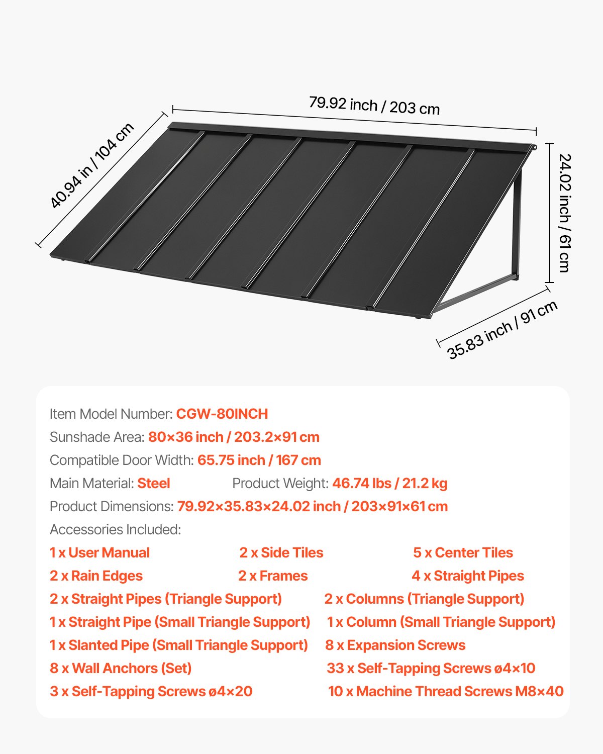 Fixed Metal Awning 80 x 36 in, Window Awning Door Canopy, Stable Triangle Steel Frame Exterior Awnings Rain, and Snow Sunlight Protection for Door Entrance, Windows, Porches, Balconies