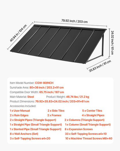 Fixed Metal Awning 80 x 36 in, Window Awning Door Canopy, Stable Triangle Steel Frame Exterior Awnings Rain, and Snow Sunlight Protection for Door Entrance, Windows, Porches, Balconies