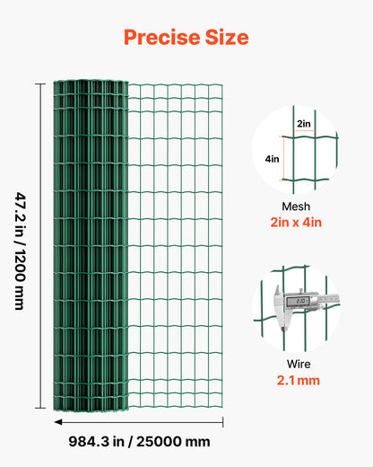 Farm Fence, 47 x 984 in, 2 x 4 in Mesh 2.1mm Galvanized Steel Wire Fencing for Cattle, Hog & Sheep, Heavy Duty Vinyl Coated Livestock Fence for Animal Enclosures, Cage Wire, Garden Fences, Green