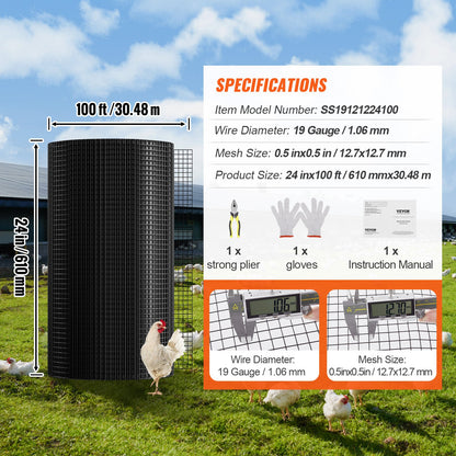 Hardware Cloth, 24'' x 100' Galvanized Wire Mesh Roll, 19 Gauge Chicken Wire Fence Roll, Vinyl Coating Metal Wire Mesh for Chicken Coop Barrier, Rabbit Snake Fences, Poultry Enclosures