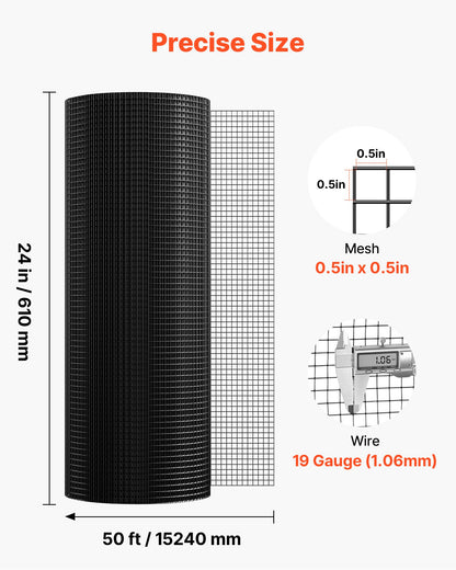 Hardware Cloth 24 in x 50 ft, 1/2 in 19 Gauge Galvanized Wire Mesh Roll, Weather-Resistant Vinyl Coated Chicken Wire Fencing, Heavy Duty Welded Garden Plant Fencing for Rabbit Cage Snake Fence