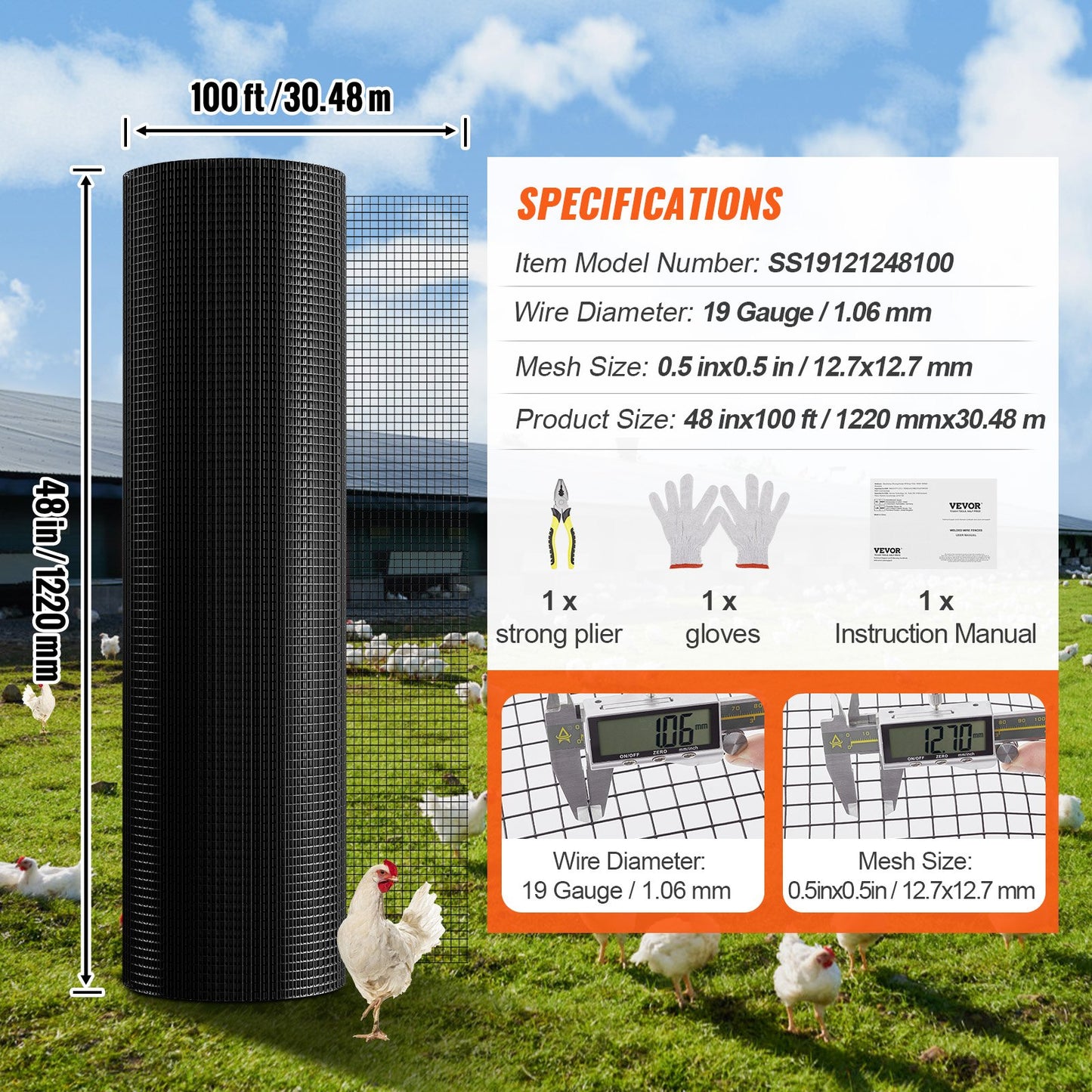 Hardware Cloth, 48 Inch x 100 Inch Galvanized Wire Mesh Roll, 19 Gauge Chicken Wire Fence Roll, Vinyl Coating Metal Wire Mesh for Chicken Coop Barrier, Rabbit Worm Fence, Poultry Enclosures