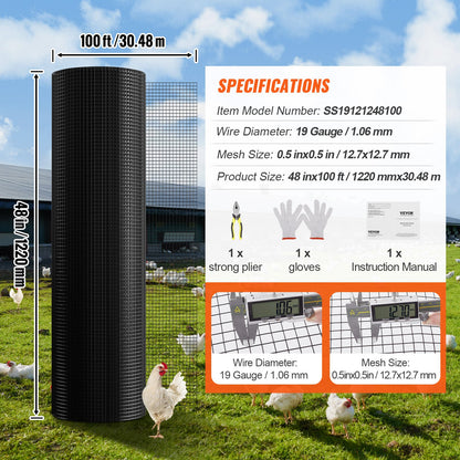 Hardware Cloth, 48 Inch x 100 Inch Galvanized Wire Mesh Roll, 19 Gauge Chicken Wire Fence Roll, Vinyl Coating Metal Wire Mesh for Chicken Coop Barrier, Rabbit Worm Fence, Poultry Enclosures