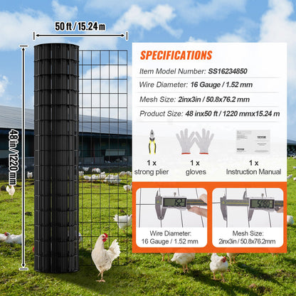 Hårdvaraduk, 48 tum x 50 tum galvaniserad trådnätrulle, 16 gauge kycklingtrådsstängselrulle, vinylbeläggning metalltrådsnät för hönshusbarriär, kaninormstaket, fjäderfäinhägnader