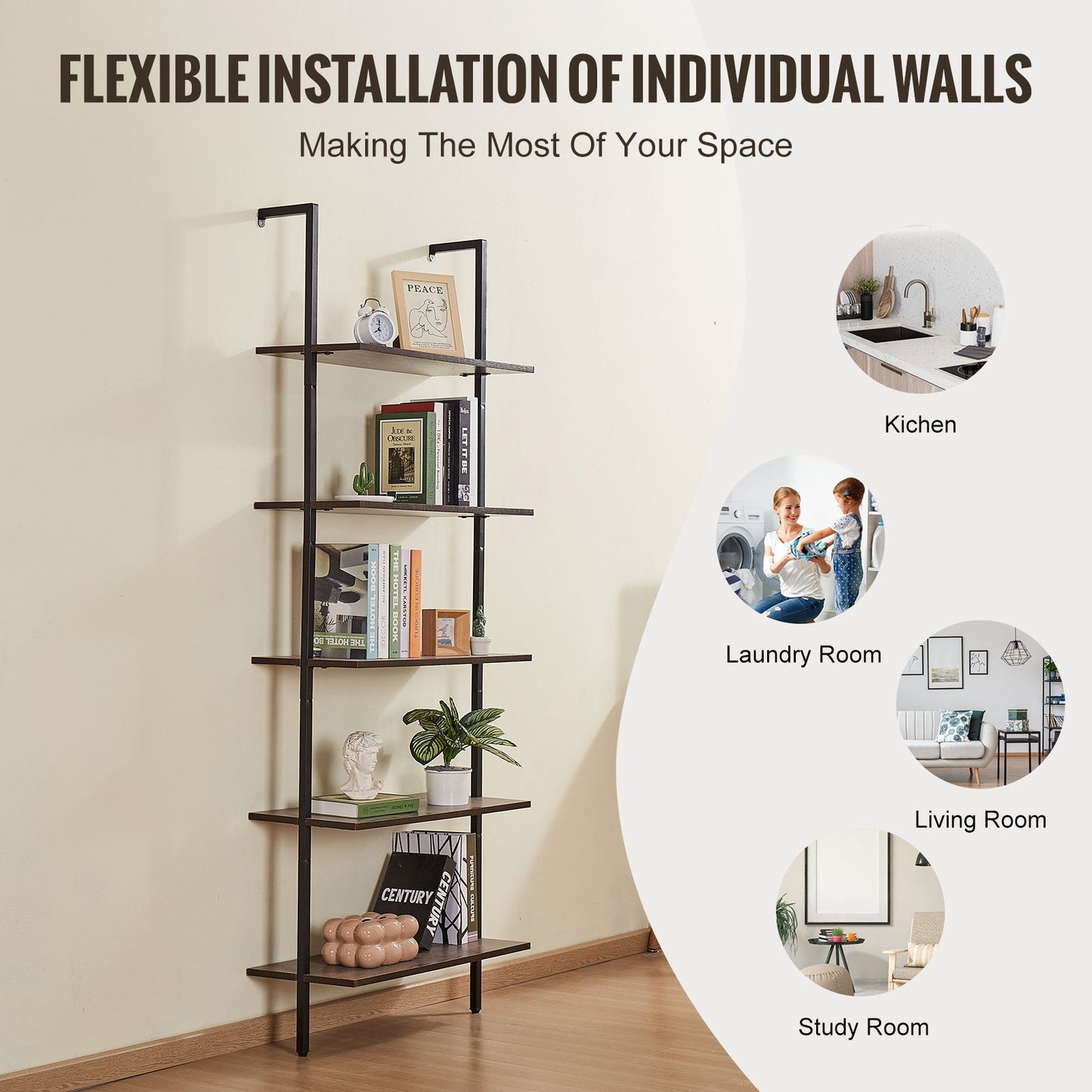 Industrial Square Pipe Hylla 5-vånings 24x11,8 tum väggfäste för sovrum