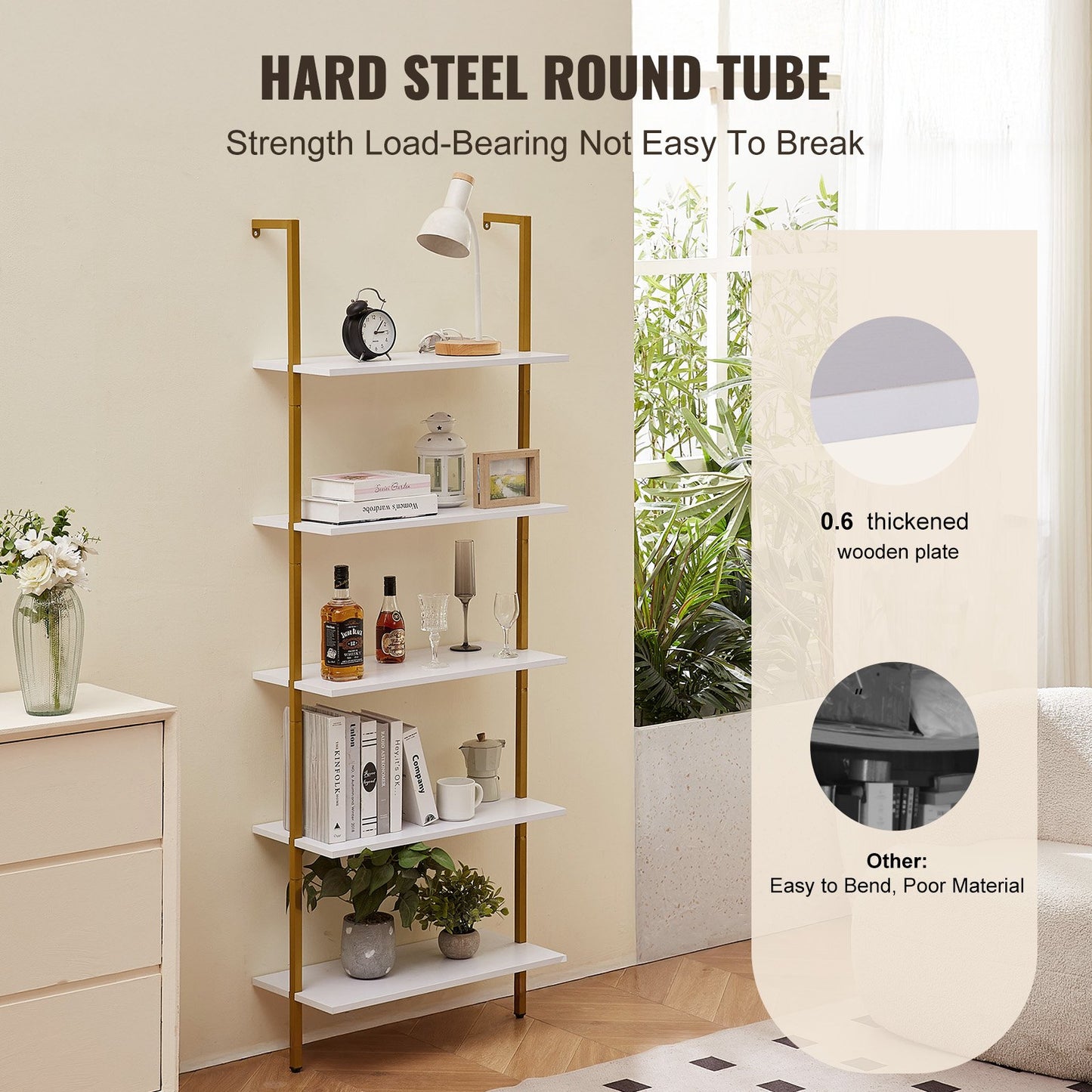 Industrial Square Pipe Hylla 5-vånings 24x11,8in Väggmonterad Guld Vit