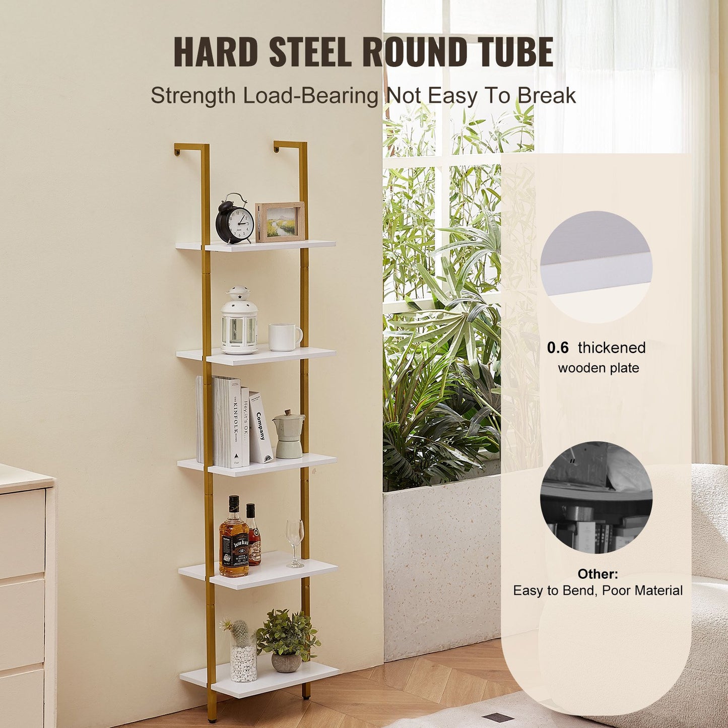 Industrial Square Pipe Hylla 5-vånings 15,6x11,8in Väggmonterad Guld Vit