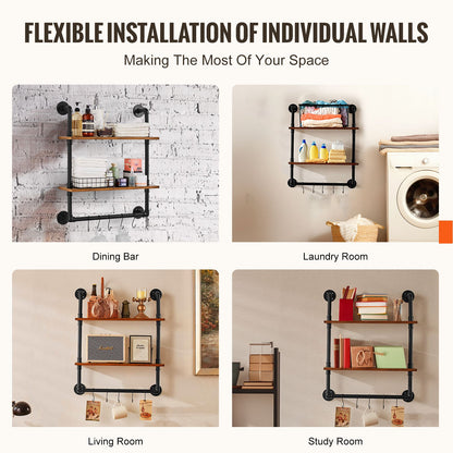 Industrielles Rohrregal, 2-stufig, 61 x 20 cm, Wandhalterung für Küche und Schlafzimmer