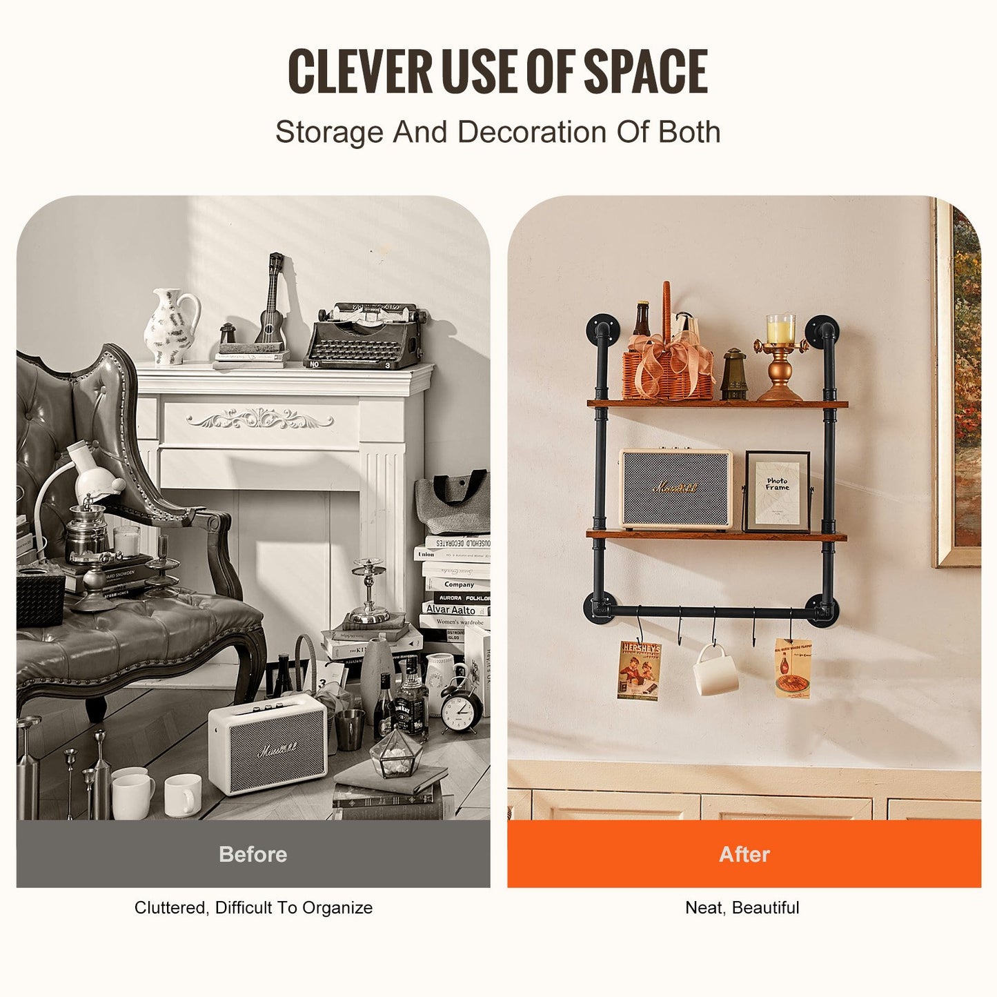 Industrielles Rohrregal, 2-stufig, 61 x 20 cm, Wandhalterung für Küche und Schlafzimmer