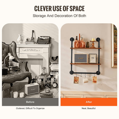 Industrielles Rohrregal, 2-stufig, 61 x 20 cm, Wandhalterung für Küche und Schlafzimmer