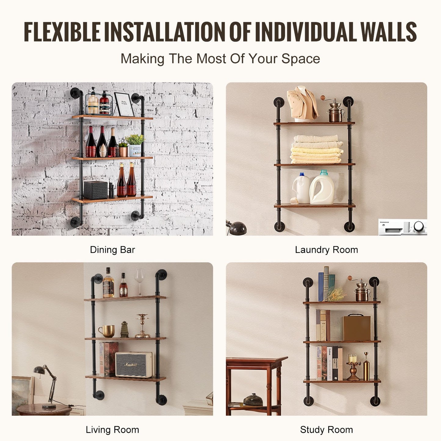 Industrielles Rohrregal, 3-stufig, 61 x 20 cm, Wandhalterung für Küche und Schlafzimmer