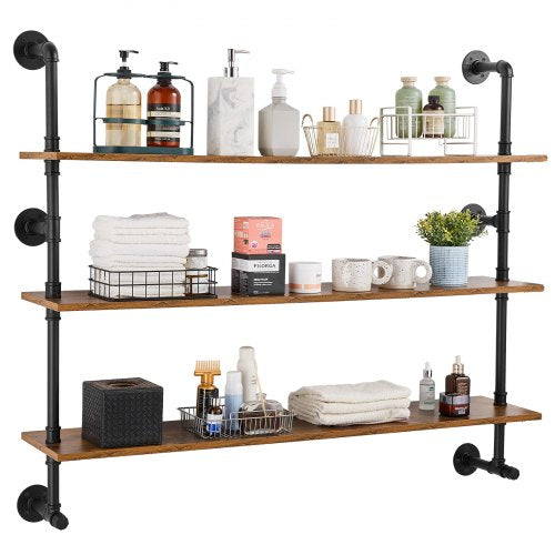 Industrial Pipe Shelf, 3 Tier 48x9.84in, Wall-Mount Floating Rustic Wood Shelves Bracket Display Bookshelf, Storage Rack Sundries Holder for Kitchen Bedroom Bathroom Living Room, Black
