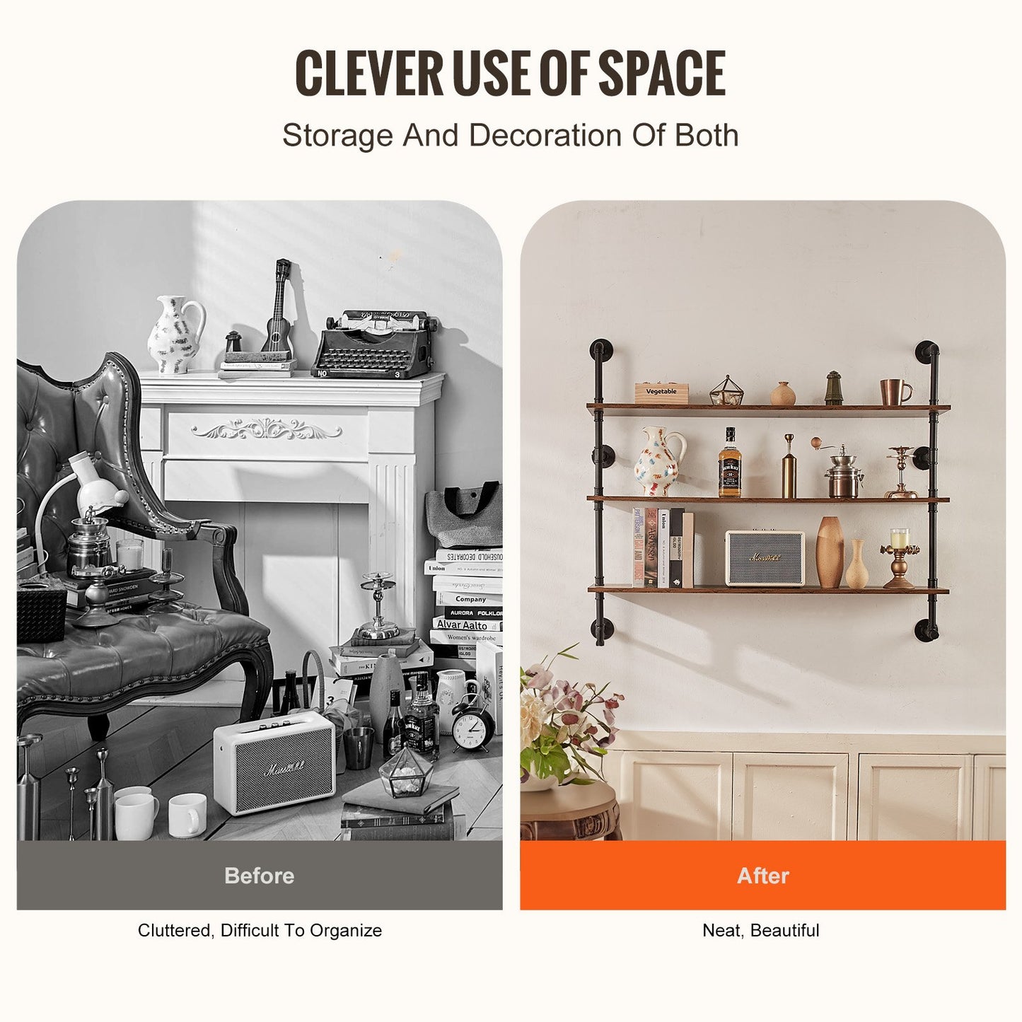 Industrielles Rohrregal, 3-stufig, 122 x 25 cm, Wandhalterung für Küche und Schlafzimmer