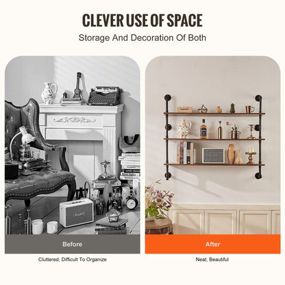 Industrielles Rohrregal, 3-stufig, 122 x 25 cm, Wandhalterung für Küche und Schlafzimmer