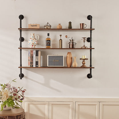 Industrial Pipe Shelf, 3 Tier 48x9.84in, Wall-Mount Floating Rustic Wood Shelves Bracket Display Bookshelf, Storage Rack Sundries Holder for Kitchen Bedroom Bathroom Living Room, Black