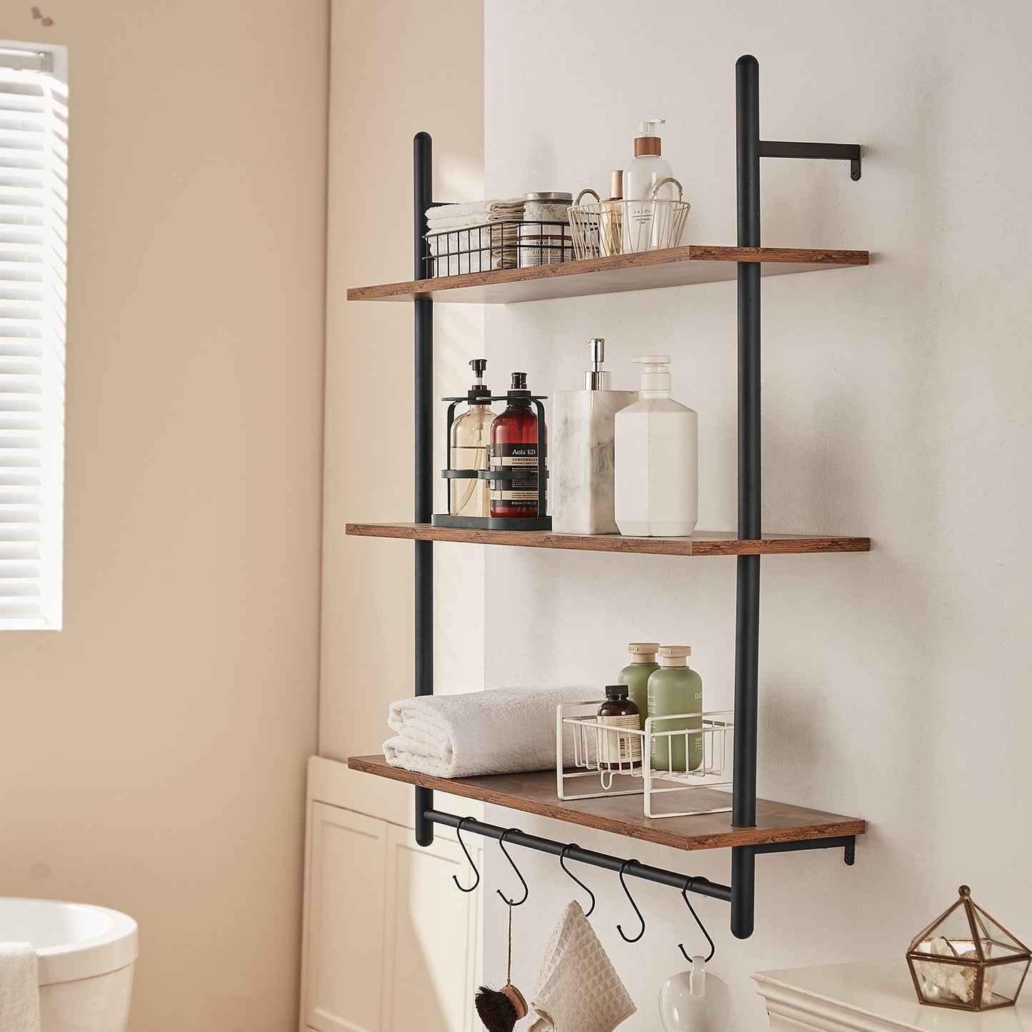 Industrial Pipe Shelf, 3 Tier 32x9.84in, Wall-Mount Floating Rustic Wood Shelves Bracket Display Bookshelf, Storage Rack Sundries Holder for Kitchen Bedroom Bathroom Living Room, Black
