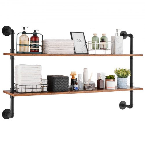 Industrial Pipe Shelf, 2 Tier 48x 9.84in, Wall-Mount Floating Rustic Wood Shelves Bracket Display Bookshelf, Storage Rack Sundries Holder for Kitchen Bedroom Bathroom Living Room, Black