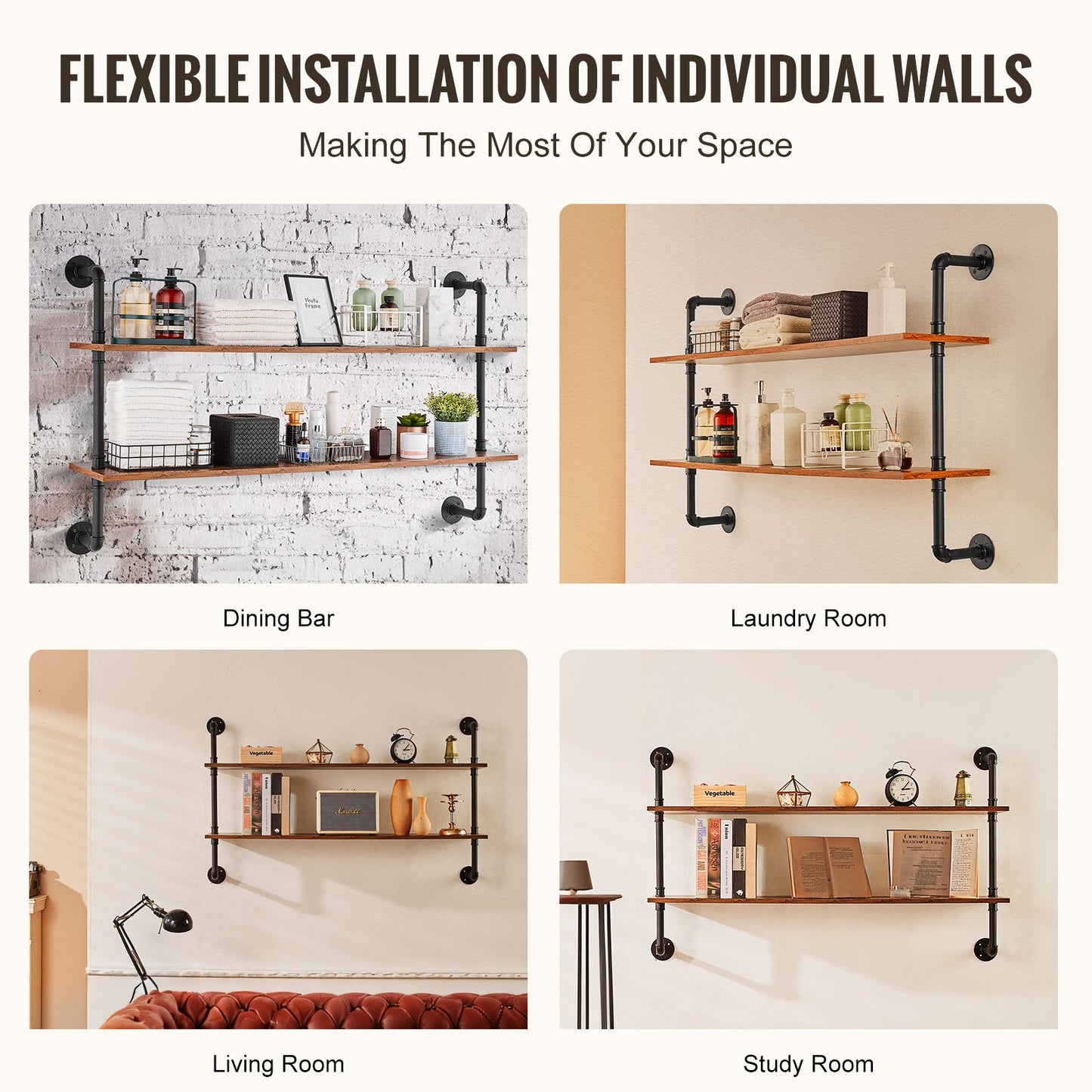 Industrielles Rohrregal, 2 Ebenen, 122 x 24 cm, Wandhalterung für Küche und Schlafzimmer