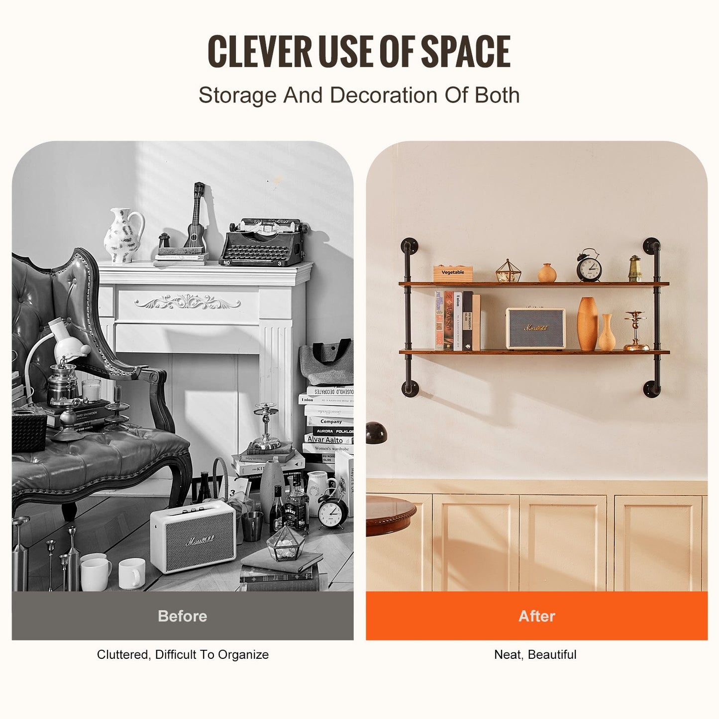 Industrielles Rohrregal, 2 Ebenen, 122 x 24 cm, Wandhalterung für Küche und Schlafzimmer