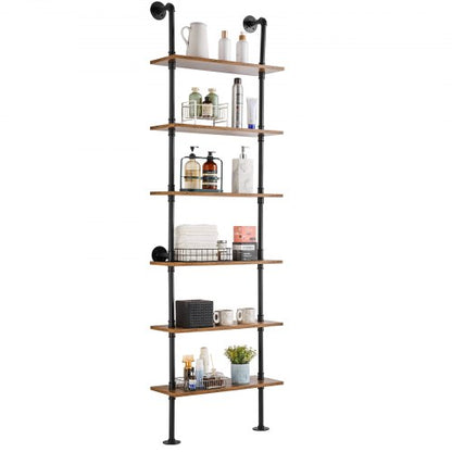 Industrial Pipe Shelf, 6 Tier 24x9.84in, Wall-Mount Floating Rustic Wood Shelves Bracket Display Bookshelf, Storage Rack Sundries Holder for Kitchen Bedroom Bathroom Living Room, Black