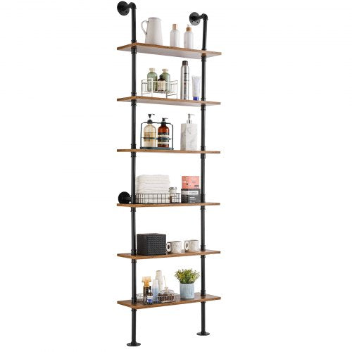 Industrial Pipe Shelf, 6 Tier 24x9.84in, Wall-Mount Floating Rustic Wood Shelves Bracket Display Bookshelf, Storage Rack Sundries Holder for Kitchen Bedroom Bathroom Living Room, Black