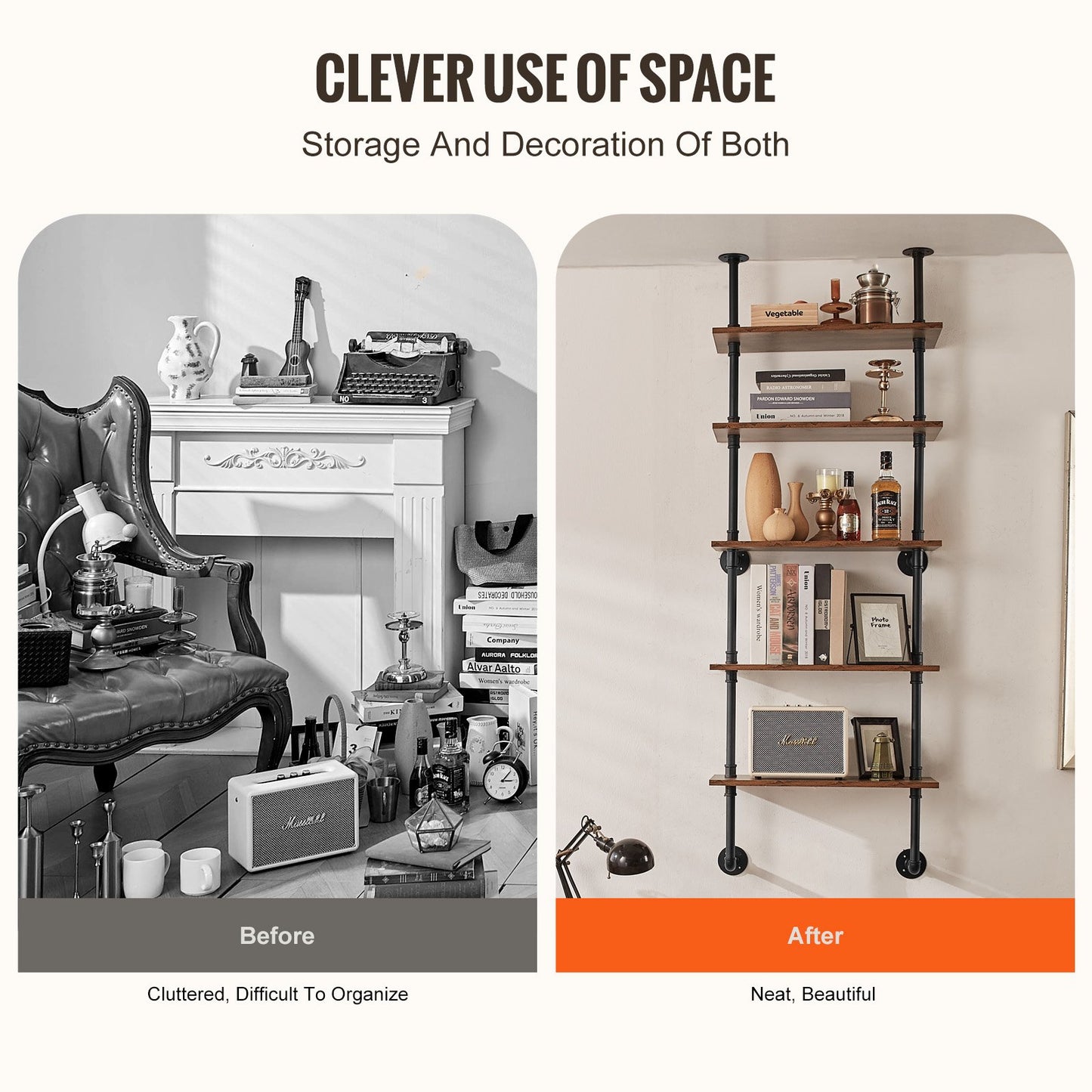 Industrial Pipe Hylla 5 Tier 24x9.84in Väggfäste för kök sovrum