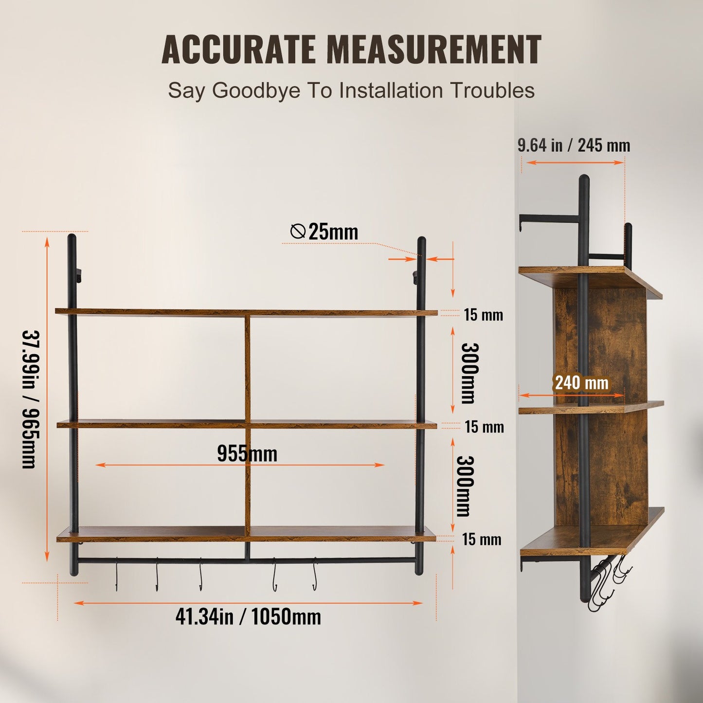 Industrielles Rohrregal, 3-stufig, 105,4 x 25,9 cm, Wandhalterung für Küche und Schlafzimmer