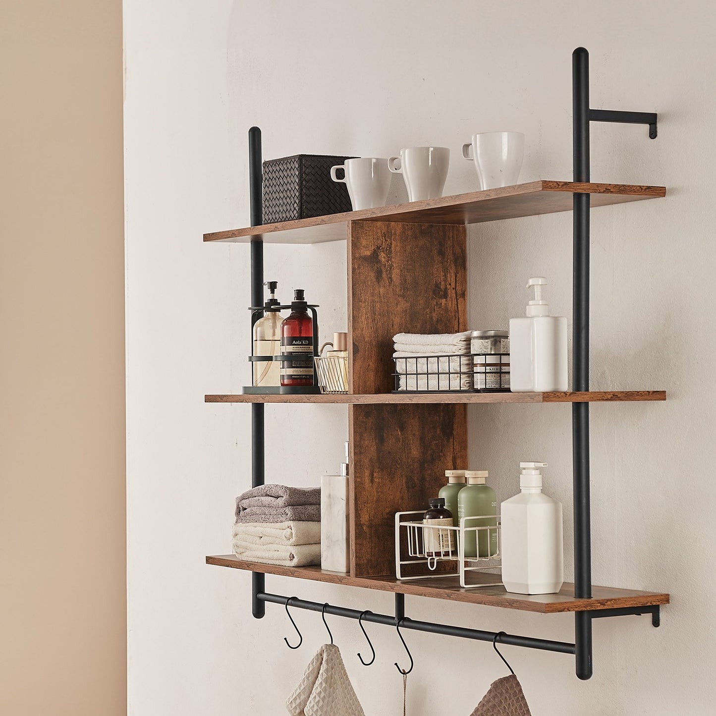 Industrial Pipe Shelf, 3 Tier 41.5x9.84in, Wall-Mount Floating Rustic Wood Shelves Bracket Display Bookshelf, Storage Rack Sundries Holder for Kitchen Bedroom Bathroom Living Room, Black