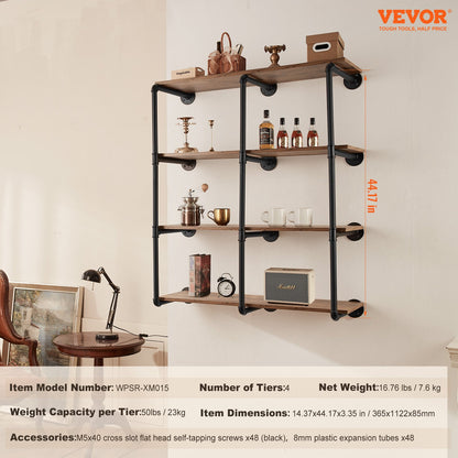 Industrial Pipe Shelf, 4 Tier 3PCS, 11.8in Applicable Board Width Wall-Mount Floating Rustic Wood Shelves Bracket Bookshelf,Storage Holder for Kitchen Bedroom Bathroom, (Planks NOT Included)