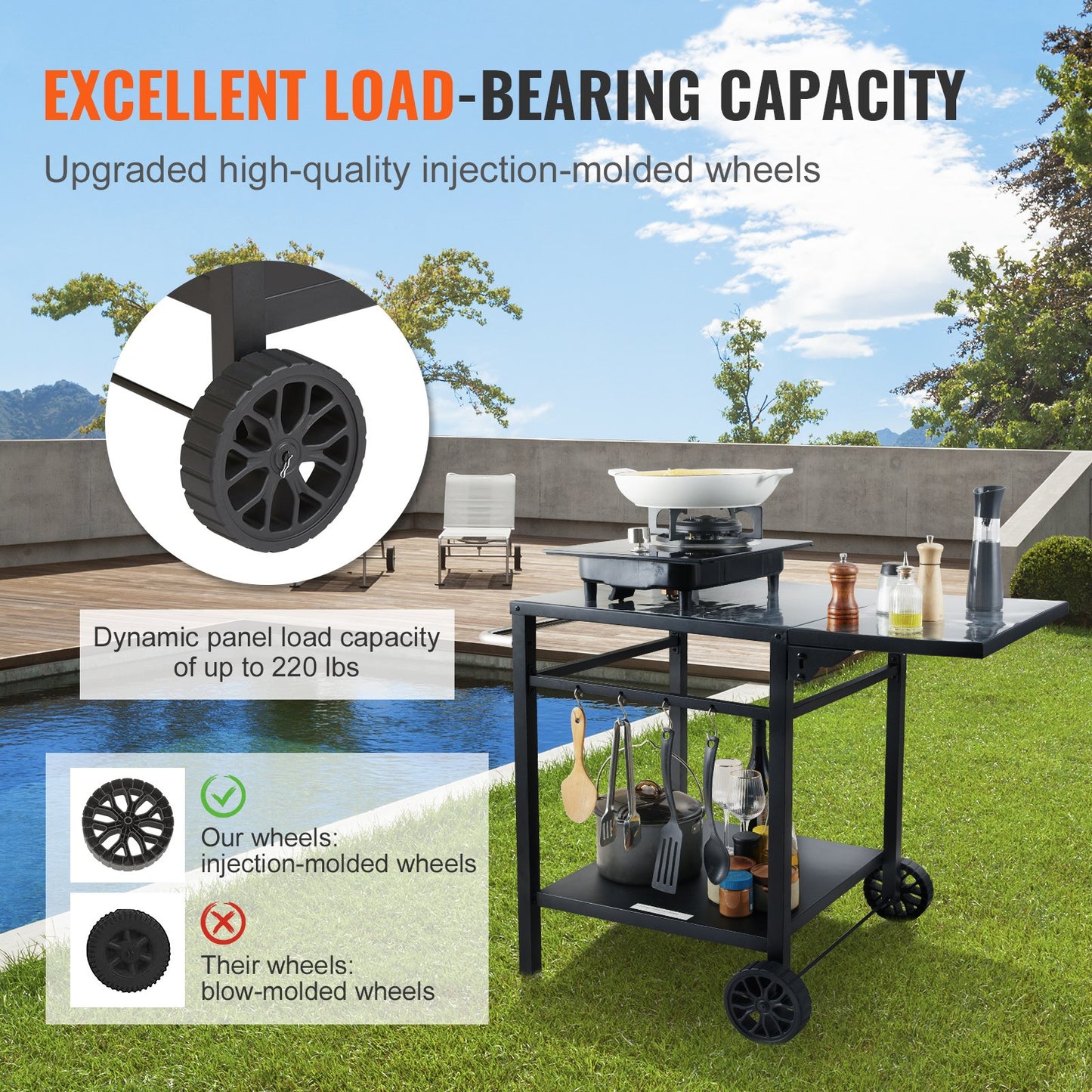 Utomhusgrill matvagn med dubbelhylla, BBQ rörligt matbord, multifunktionell hopfällbar järnbordsskiva, bärbara modulära vagnar för pizzaugn, arbetsbord med 2 hjul, bärhandtag