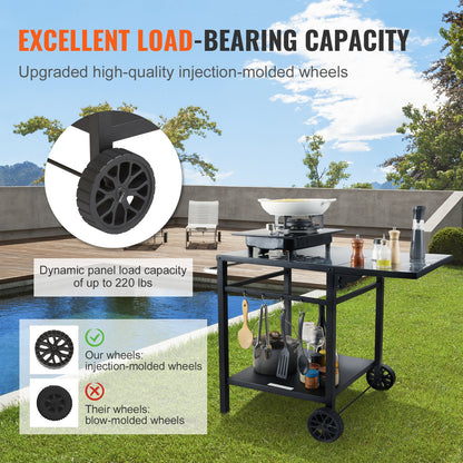 Utomhusgrill matvagn med dubbelhylla, BBQ rörligt matbord, multifunktionell hopfällbar järnbordsskiva, bärbara modulära vagnar för pizzaugn, arbetsbord med 2 hjul, bärhandtag