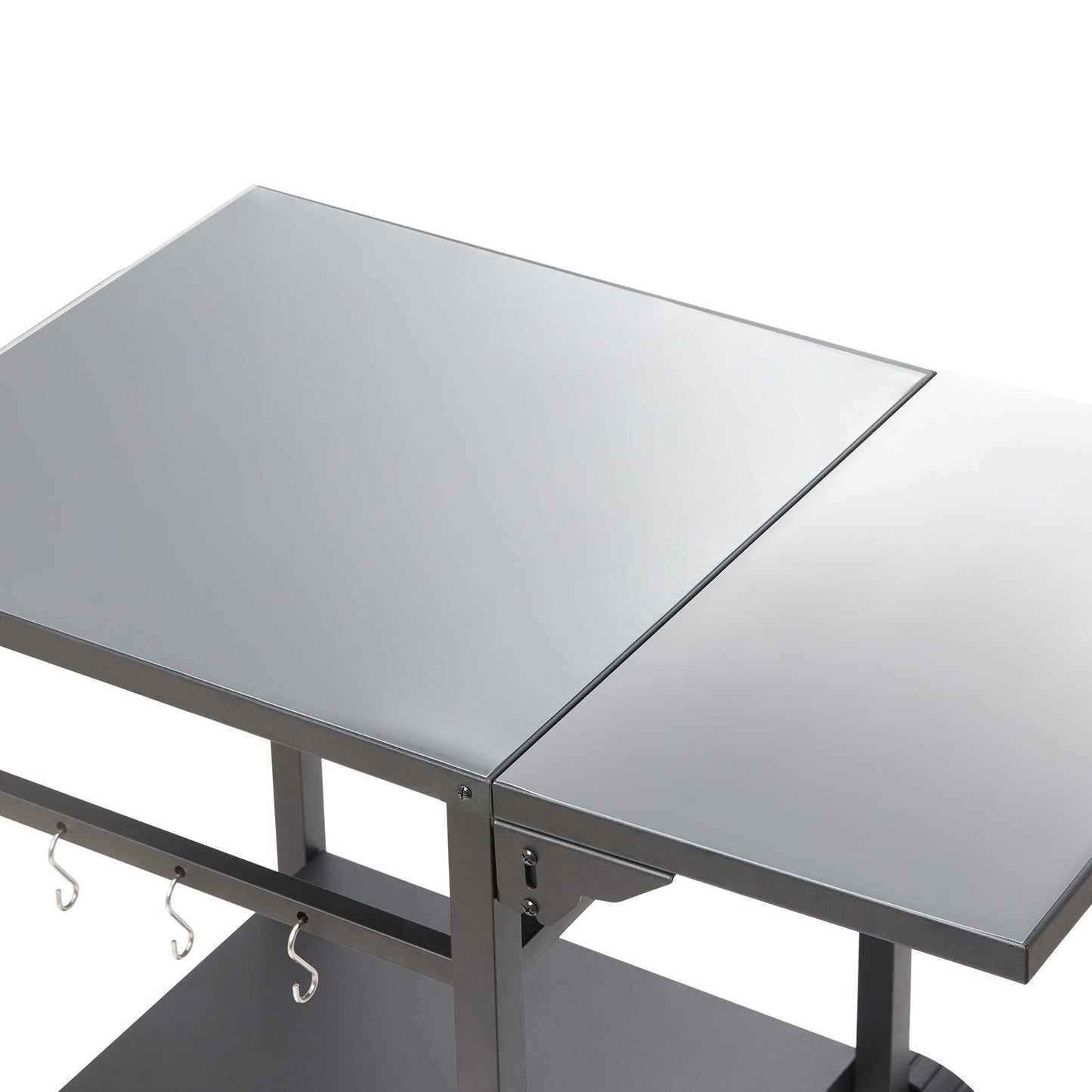 Utomhusgrill matvagn med dubbelhylla, BBQ rörligt matbord, multifunktionell hopfällbar järnbordsskiva, bärbara modulära vagnar för pizzaugn, arbetsbord med 2 hjul, bärhandtag