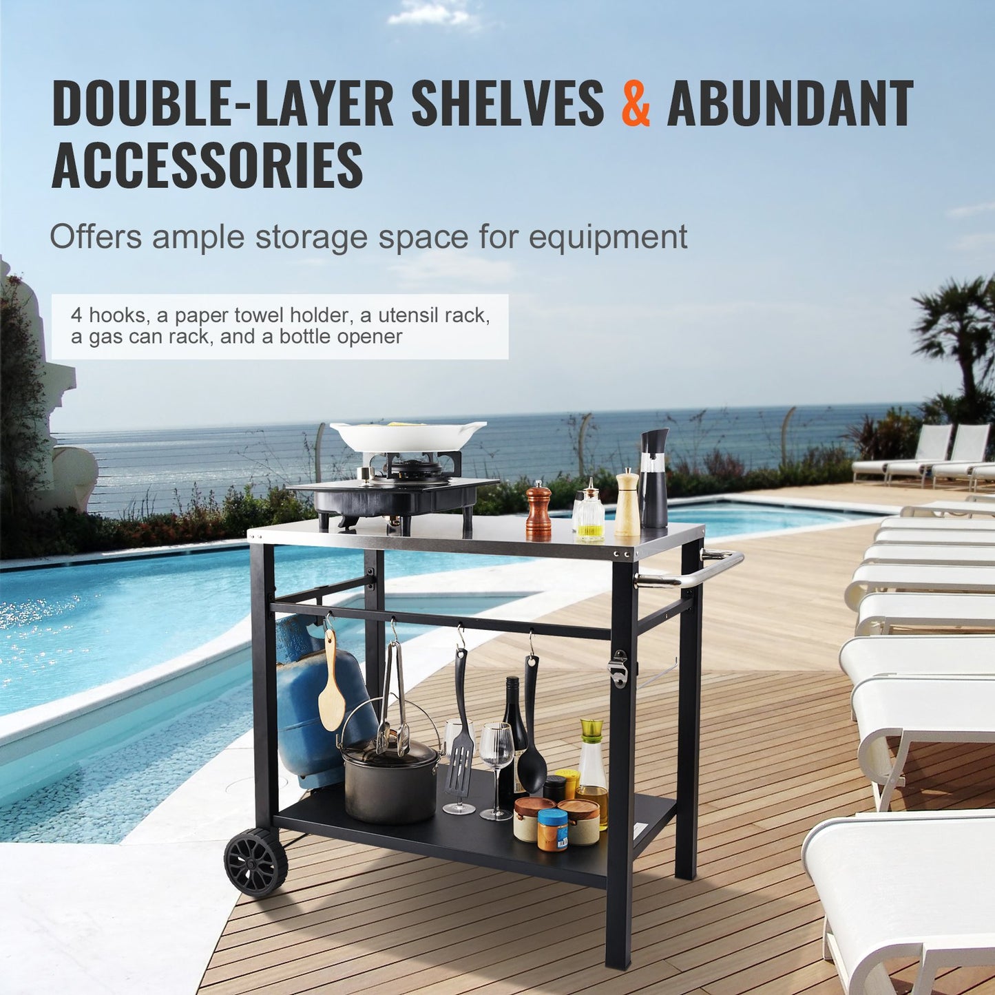 Outdoor-BBQ-Imbisswagen mit Doppelablage, beweglicher Grilltisch, multifunktionale Tischplatte aus Edelstahl, tragbare modulare Pizzaofenwagen, Arbeitstisch mit 2 Rädern, Tragegriff