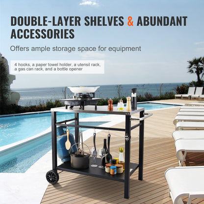 Outdoor-BBQ-Imbisswagen mit Doppelablage, beweglicher Grilltisch, multifunktionale Tischplatte aus Edelstahl, tragbare modulare Pizzaofenwagen, Arbeitstisch mit 2 Rädern, Tragegriff
