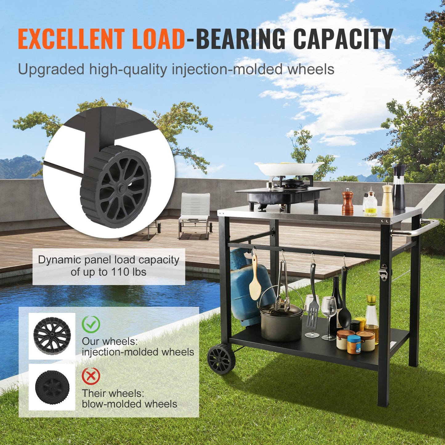 Outdoor-BBQ-Imbisswagen mit Doppelablage, beweglicher Grilltisch, multifunktionale Tischplatte aus Edelstahl, tragbare modulare Pizzaofenwagen, Arbeitstisch mit 2 Rädern, Tragegriff