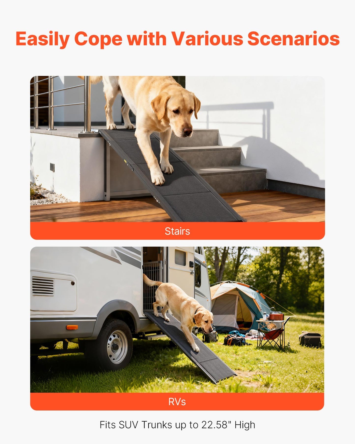 Dog Ramp for Cars, 63" L x 17" W, Folding Pet Ramps for Medium & Large Dogs up to 250lbs, Pet Stair Ramp with Non-Slip Oxford Fabric Surface, Portable Outdoor Dog Car Ramps for SUV & Truck