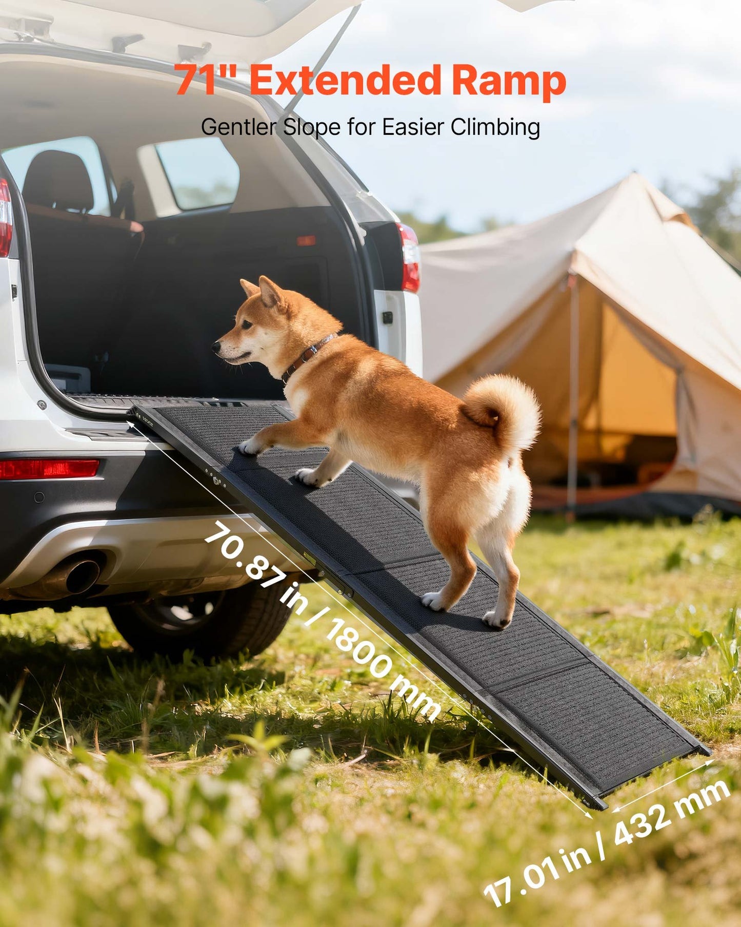 Dog Ramp for Cars, 71" L x 17" W, Folding Pet Ramps for Medium & Large Dogs up to 250lbs, Pet Stair Ramp with Non-Slip Felt Rug Surface, Portable Outdoor Dog Car Ramps for SUV & Truck