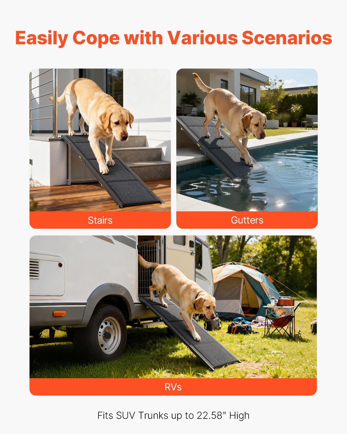 Dog Ramp for Cars, 63" L x 17" W, Folding Pet Ramps for Medium & Large Dogs up to 250lbs, Pet Stair Ramp with Non-Slip Felt Rug Surface, Portable Outdoor Dog Car Ramps for SUV & Truck
