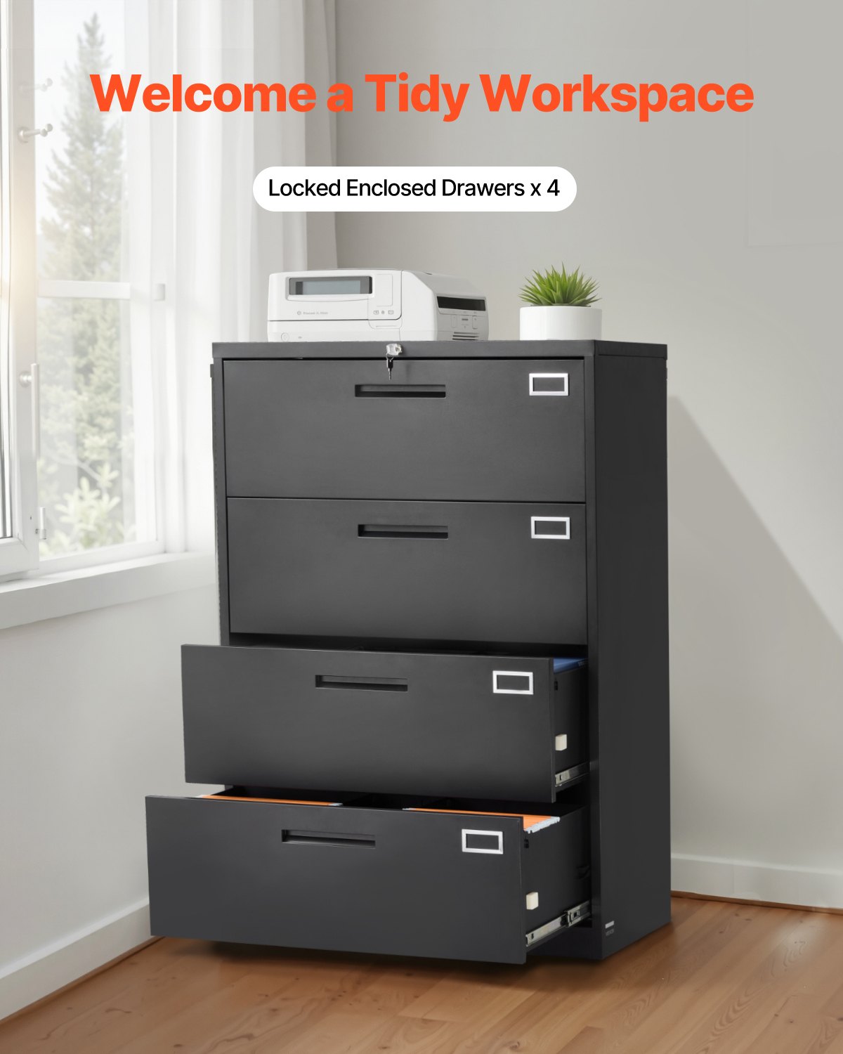 4 Drawers Metal File Cabinet, Vertical Filing Cabinet with Lock and Adjustable Hanging Rod, Tall Filing Storage Cabinets for Home and Office Fit Letter, A4, Legal Size File, Easy Assembly, Black