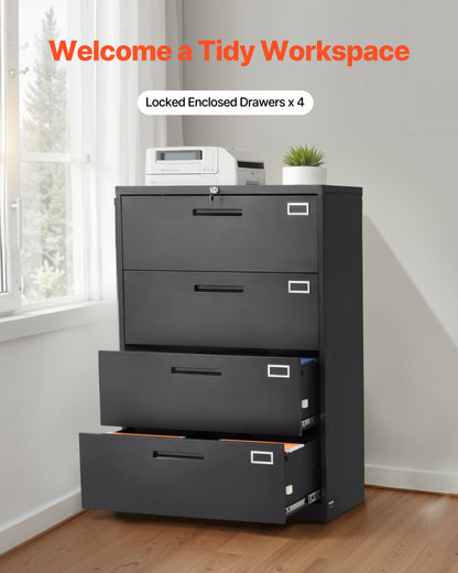 4 Drawers Metal File Cabinet, Vertical Filing Cabinet with Lock and Adjustable Hanging Rod, Tall Filing Storage Cabinets for Home and Office Fit Letter, A4, Legal Size File, Easy Assembly, Black