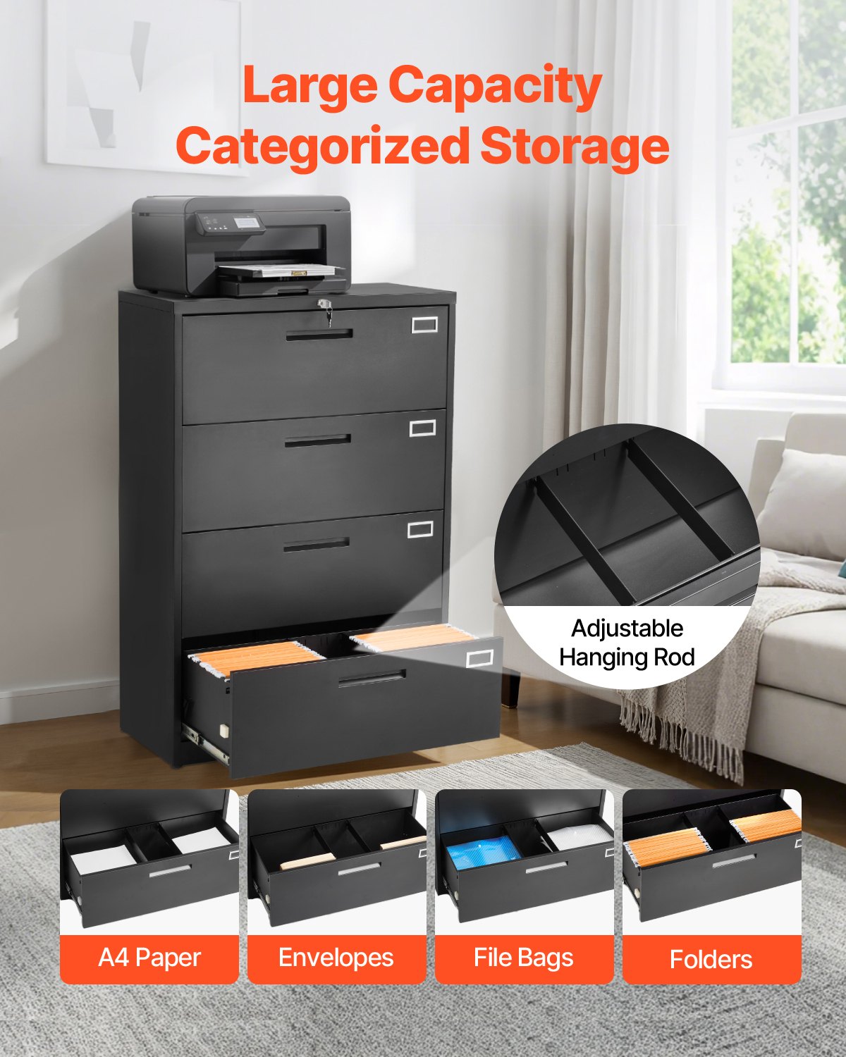 4 Drawers Metal File Cabinet, Vertical Filing Cabinet with Lock and Adjustable Hanging Rod, Tall Filing Storage Cabinets for Home and Office Fit Letter, A4, Legal Size File, Easy Assembly, Black